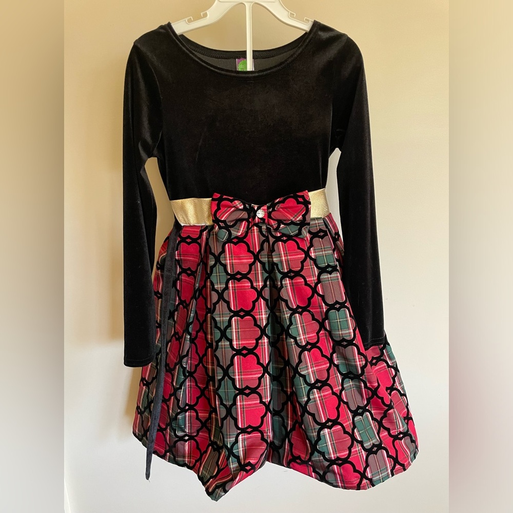 Black velvet/red plaid holiday, special occasion dress, size 8